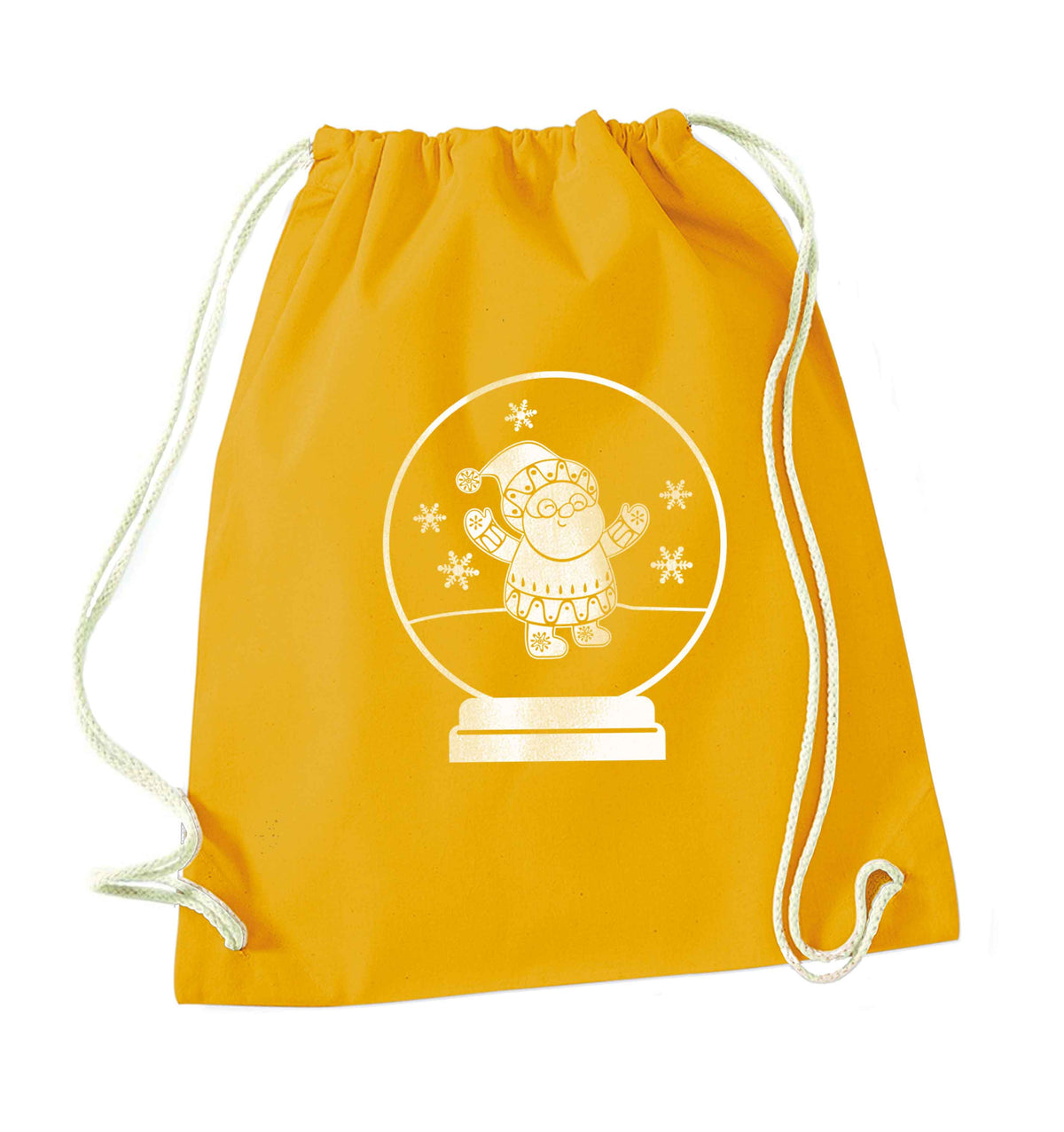 Santa snowglobe mustard drawstring bag