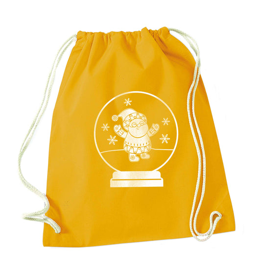 Santa snowglobe mustard drawstring bag