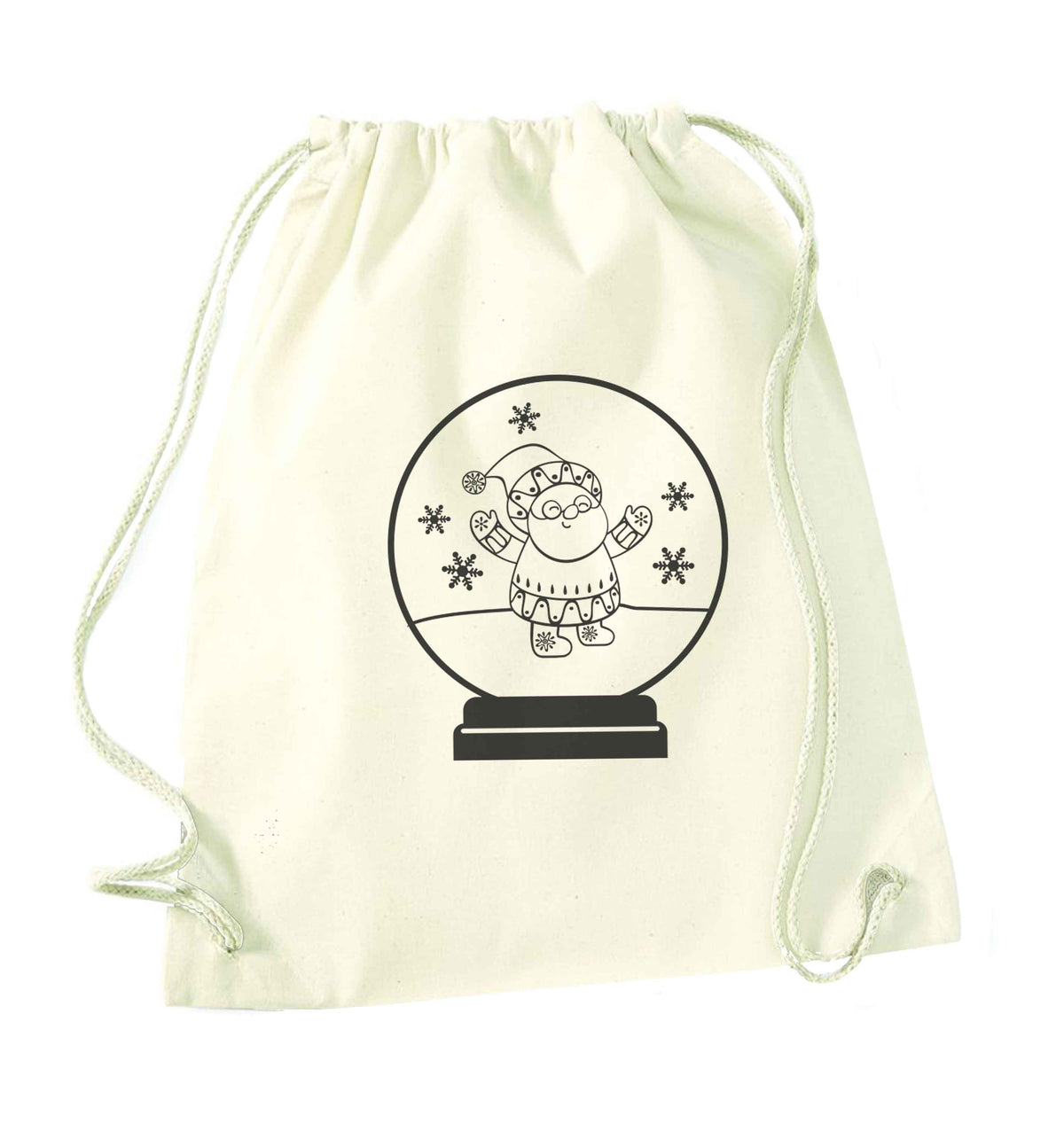 Santa snowglobe natural drawstring bag