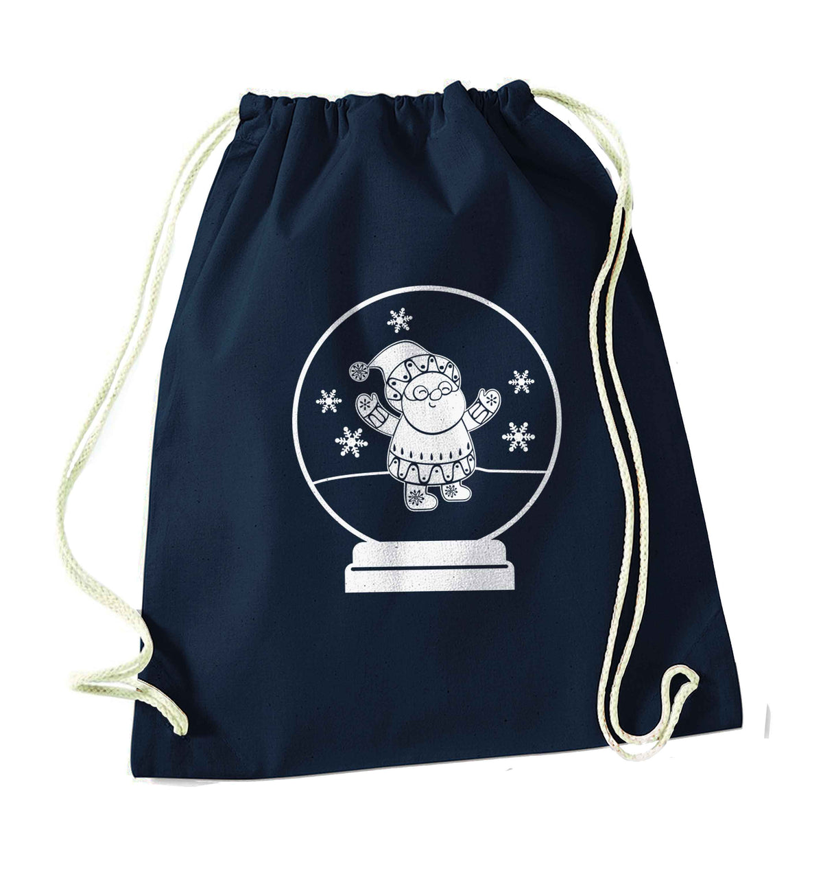 Santa snowglobe navy drawstring bag