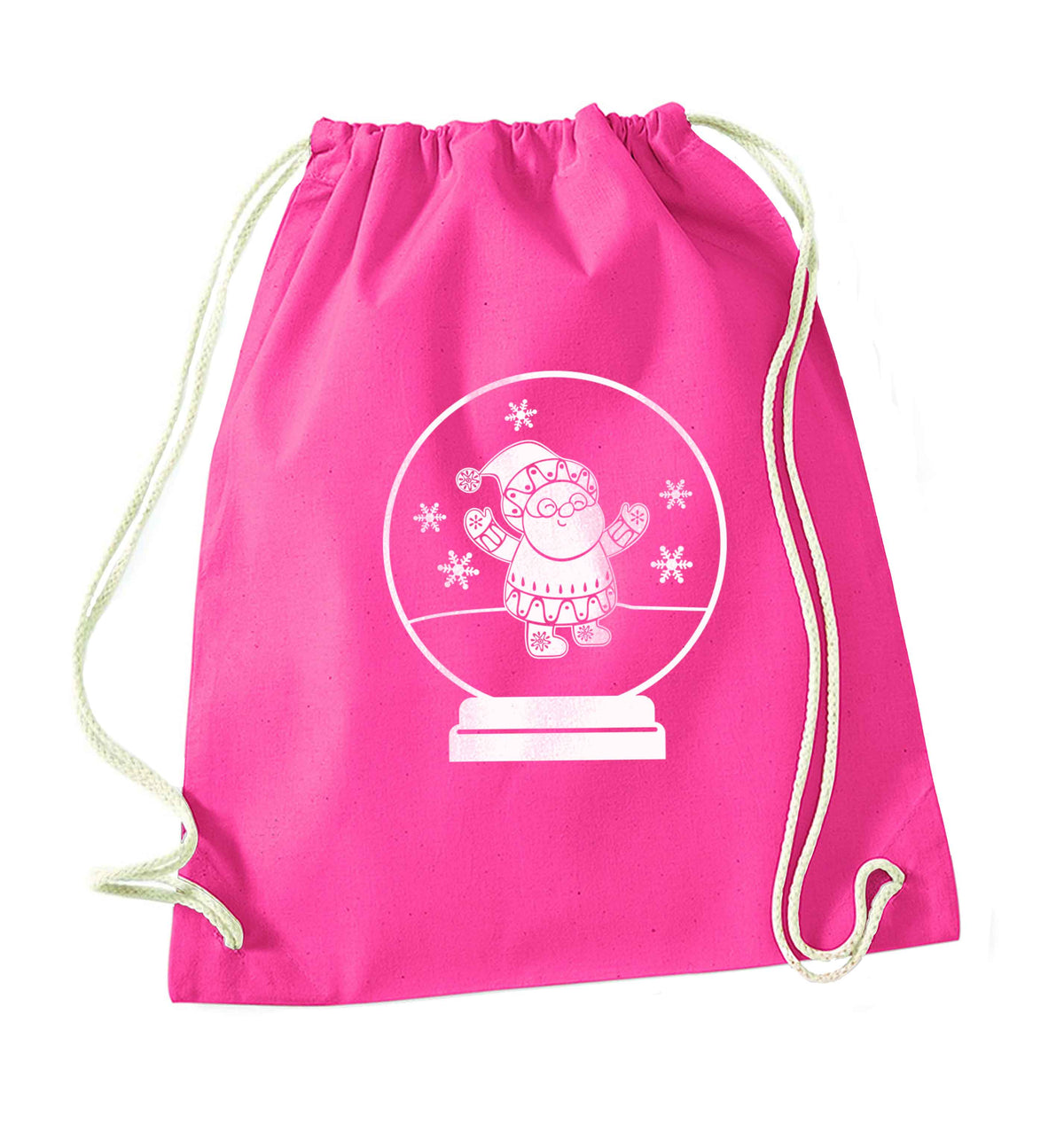 Santa snowglobe pink drawstring bag
