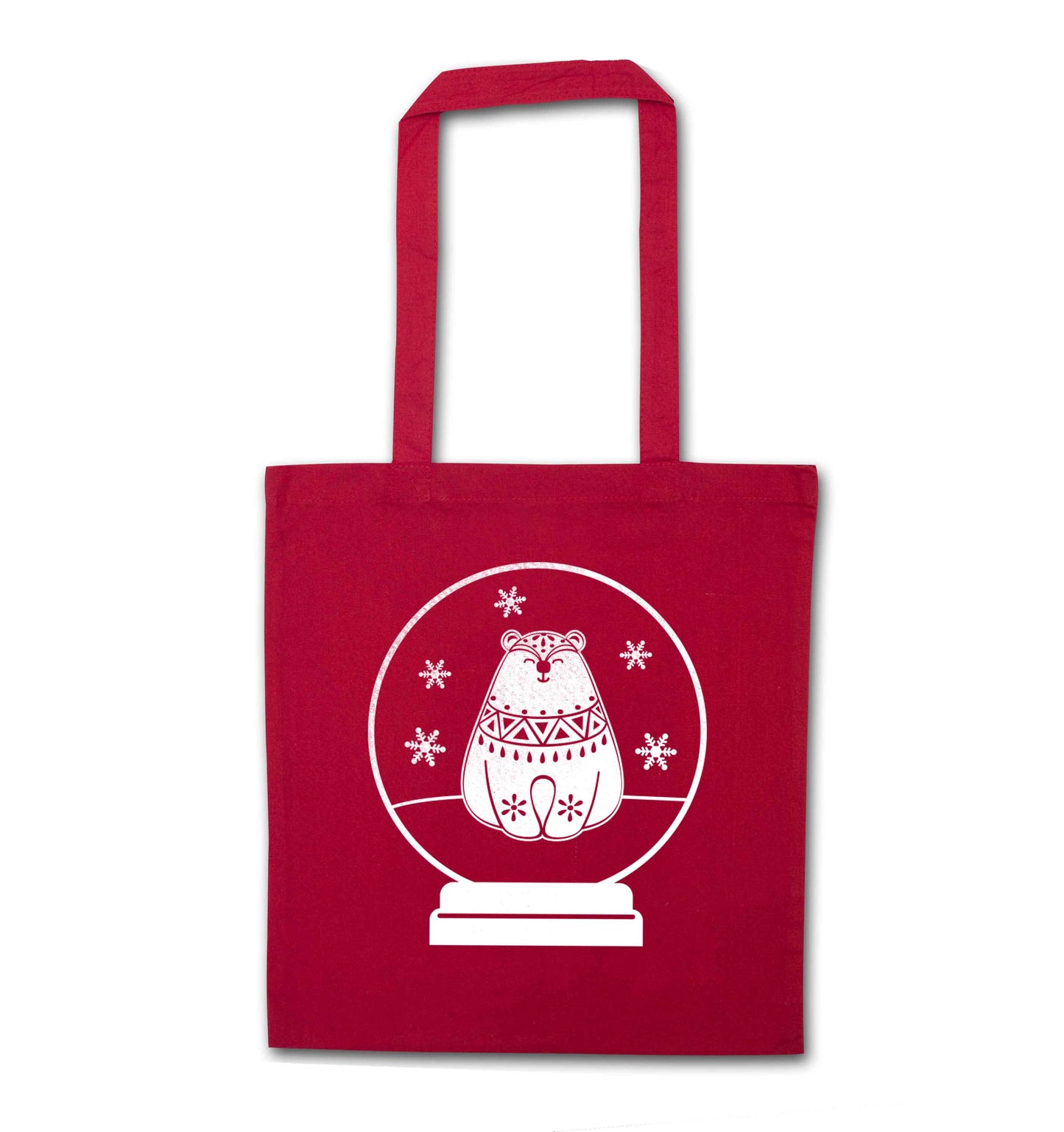 Polar Bear Snowglobe red tote bag