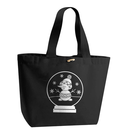 Snowman Snowglobe organic cotton premium tote bag with wooden toggle in black