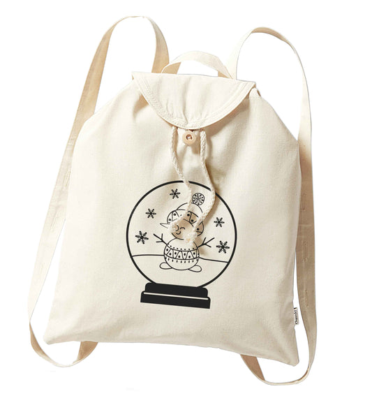 Snowman Snowglobe organic cotton backpack tote with wooden buttons in natural