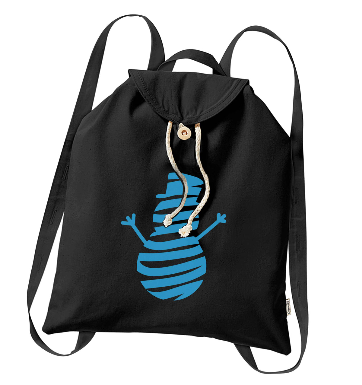 Snowman Snowglobe organic cotton backpack tote with wooden buttons in black