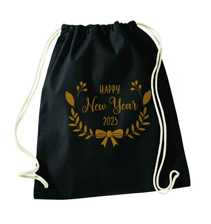 Happy New Year 2023 black drawstring bag