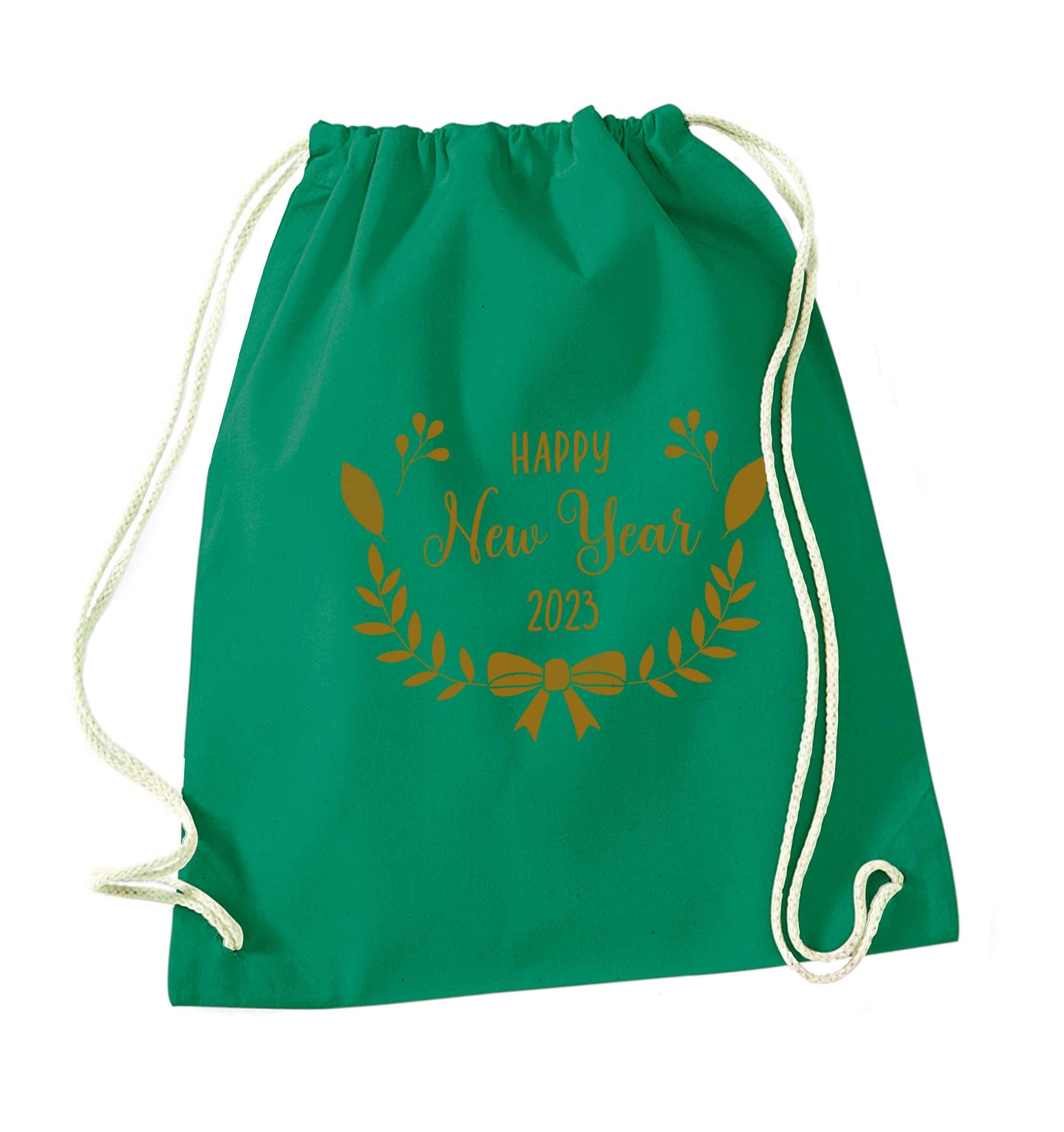 Happy New Year 2023 green drawstring bag