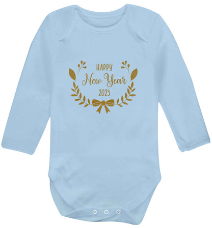 Happy New Year 2023 baby vest long sleeved pale blue 6-12 months