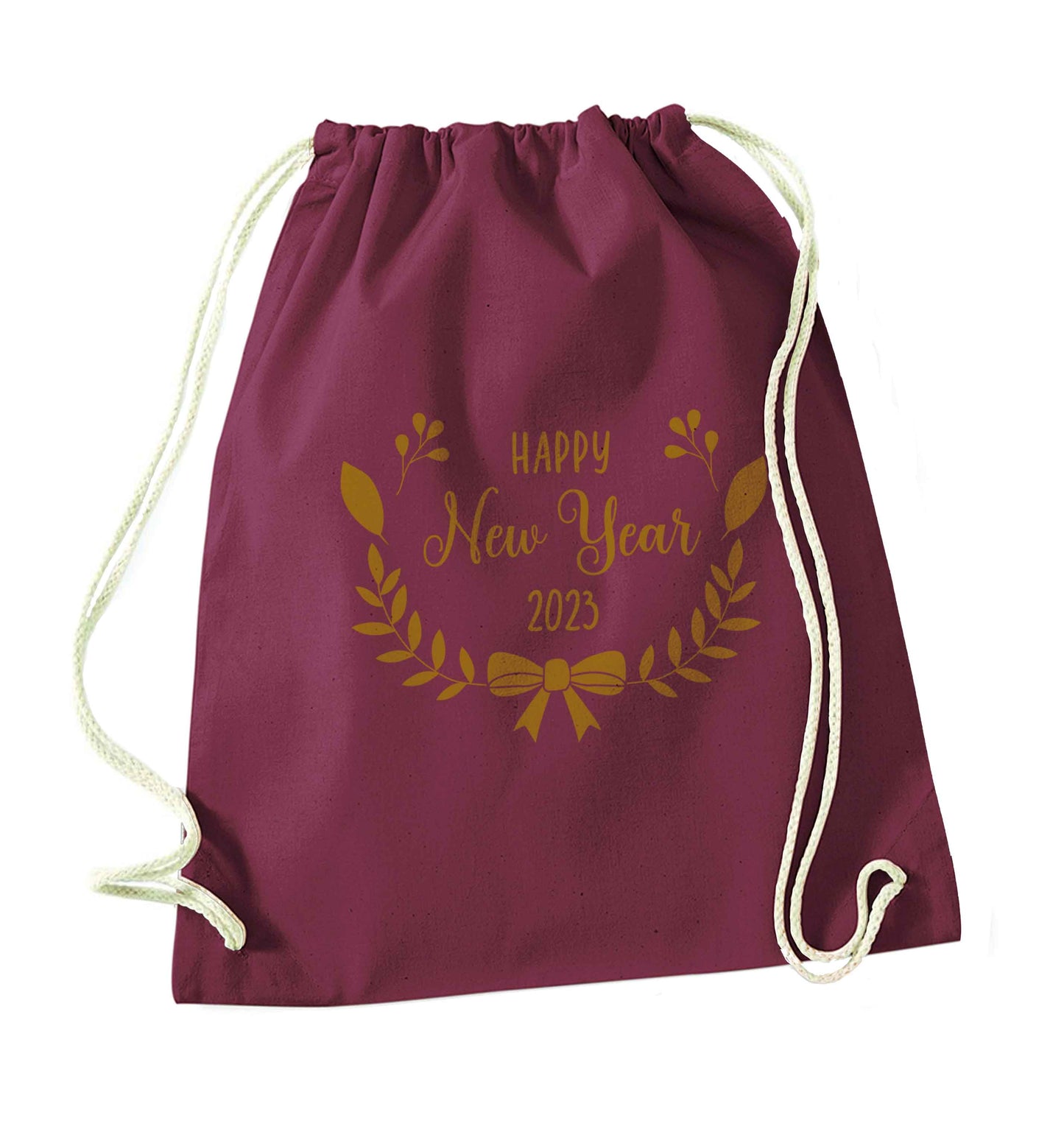 Happy New Year 2023 maroon drawstring bag