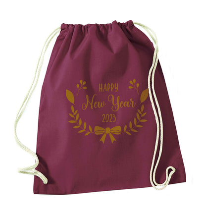 Happy New Year 2023 maroon drawstring bag