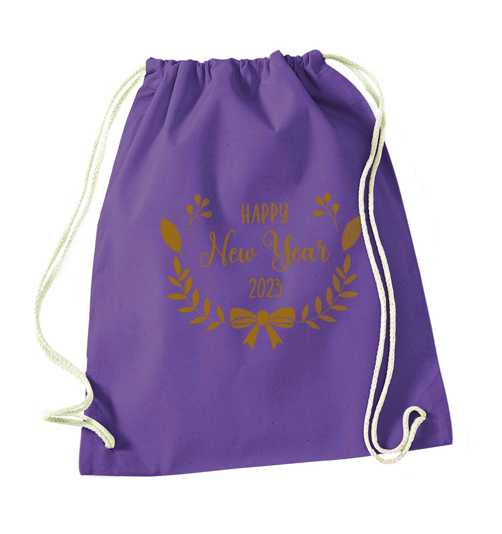 Happy New Year 2023 purple drawstring bag