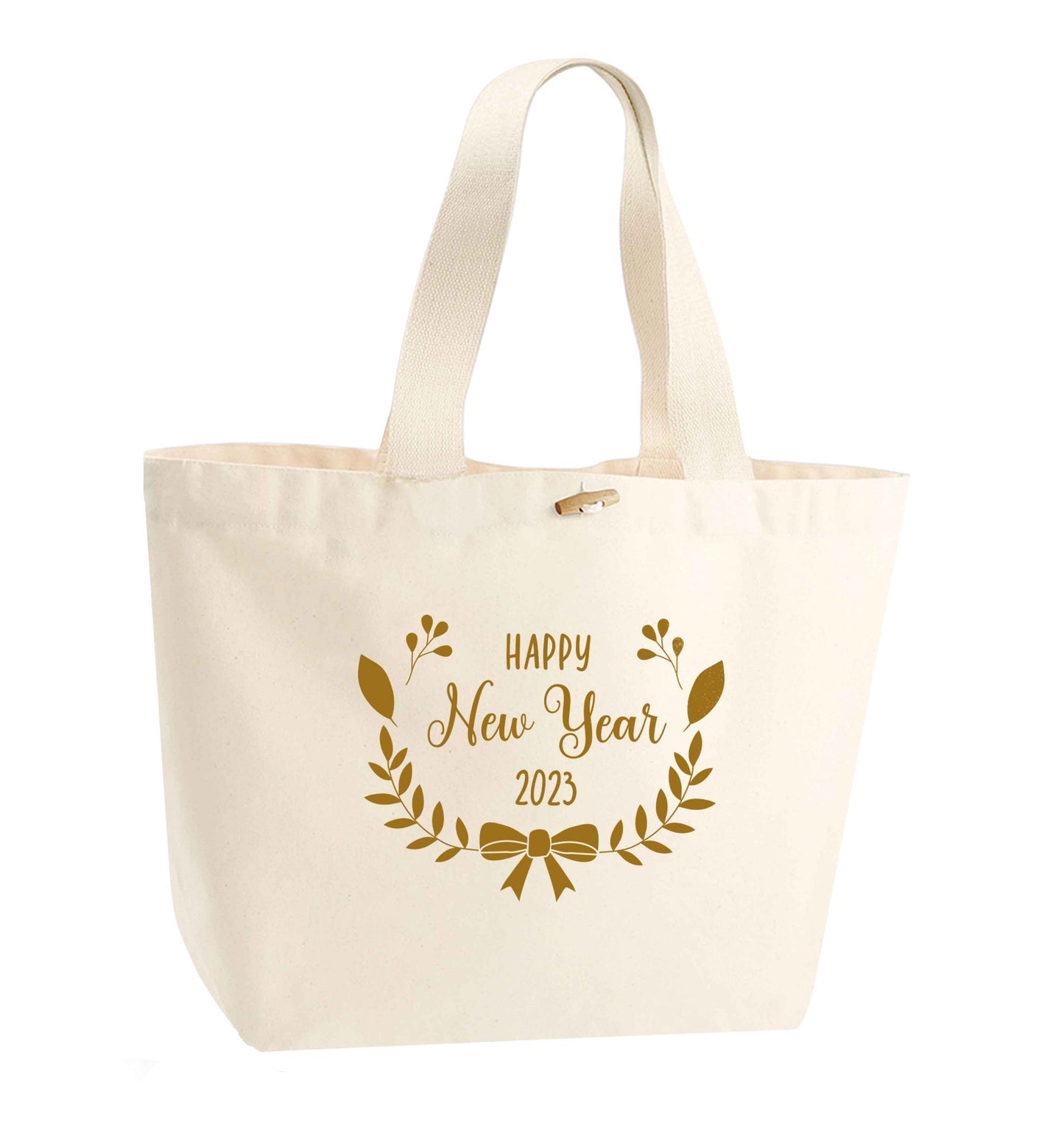 Happy New Year 2023 organic cotton premium tote bag with wooden toggle in natural