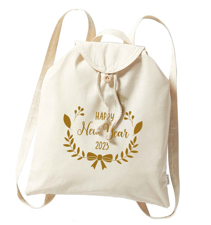 Happy New Year 2023 organic cotton backpack tote with wooden buttons in natural