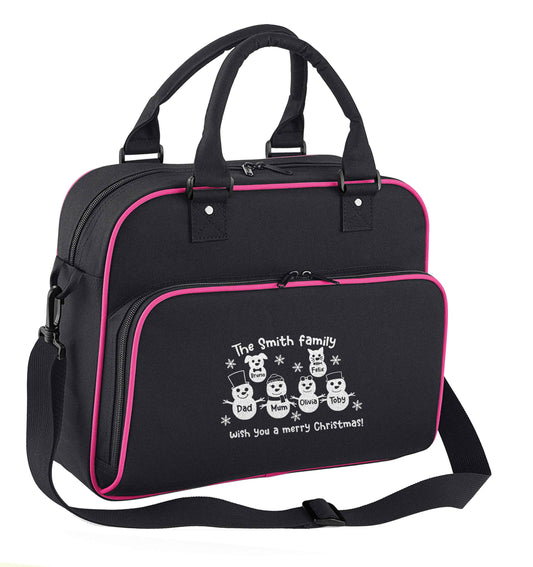 Personalised snowman family mum dad cat dog children's dance bag black with pink detail