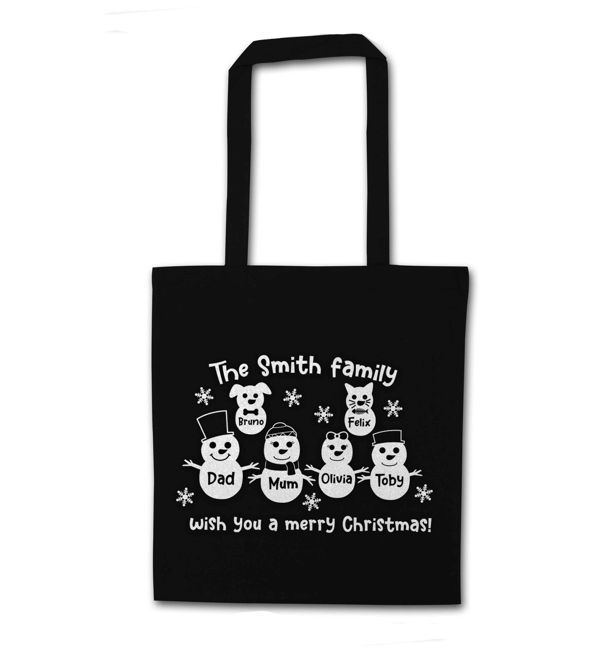 Personalised snowman family mum dad cat dog black tote bag