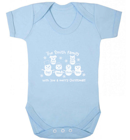 Personalised snowman family mum dad cat dog baby vest pale blue 18-24 months