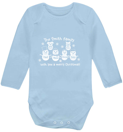 Personalised snowman family mum dad cat dog baby vest long sleeved pale blue 6-12 months