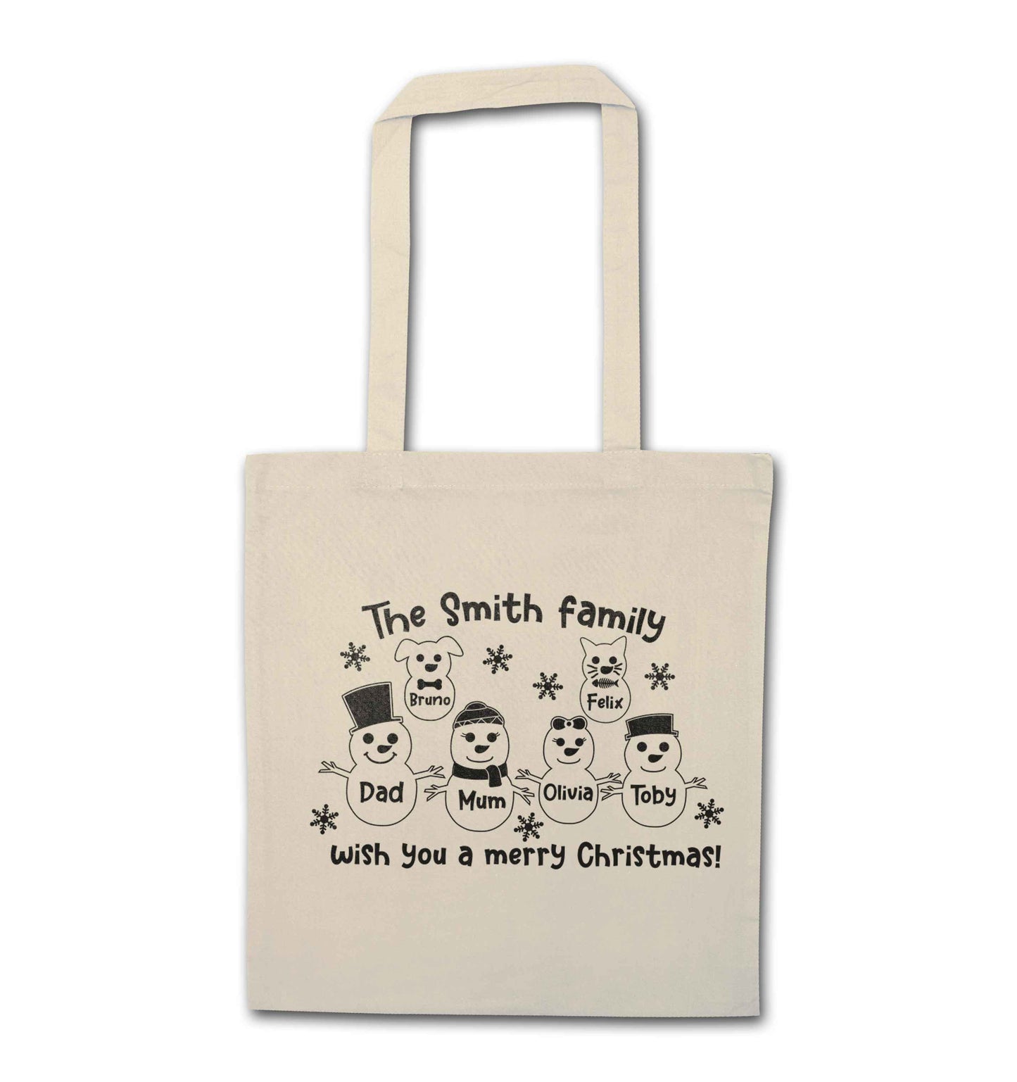 Personalised snowman family mum dad cat dog natural tote bag