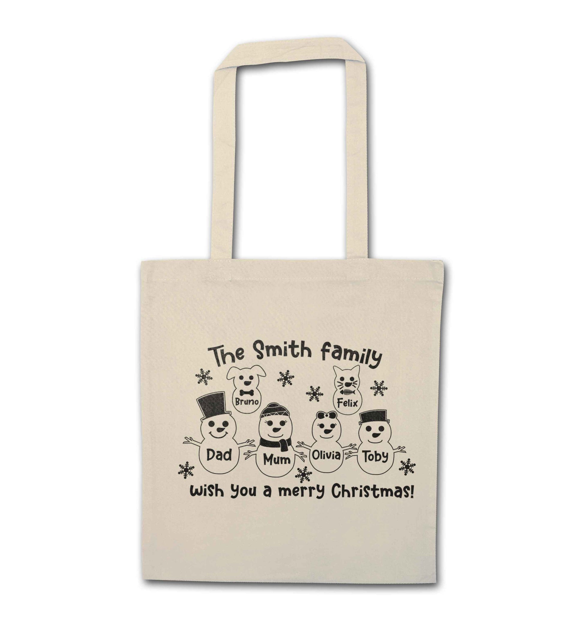 Personalised snowman family mum dad cat dog natural tote bag