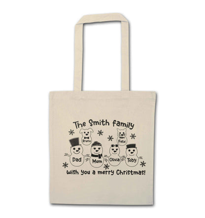 Personalised snowman family mum dad cat dog natural tote bag