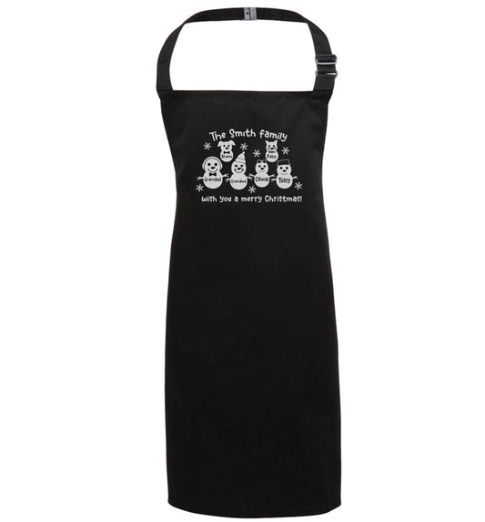 Personalised snowman family grandma grandad cat dog black apron 7-10 years