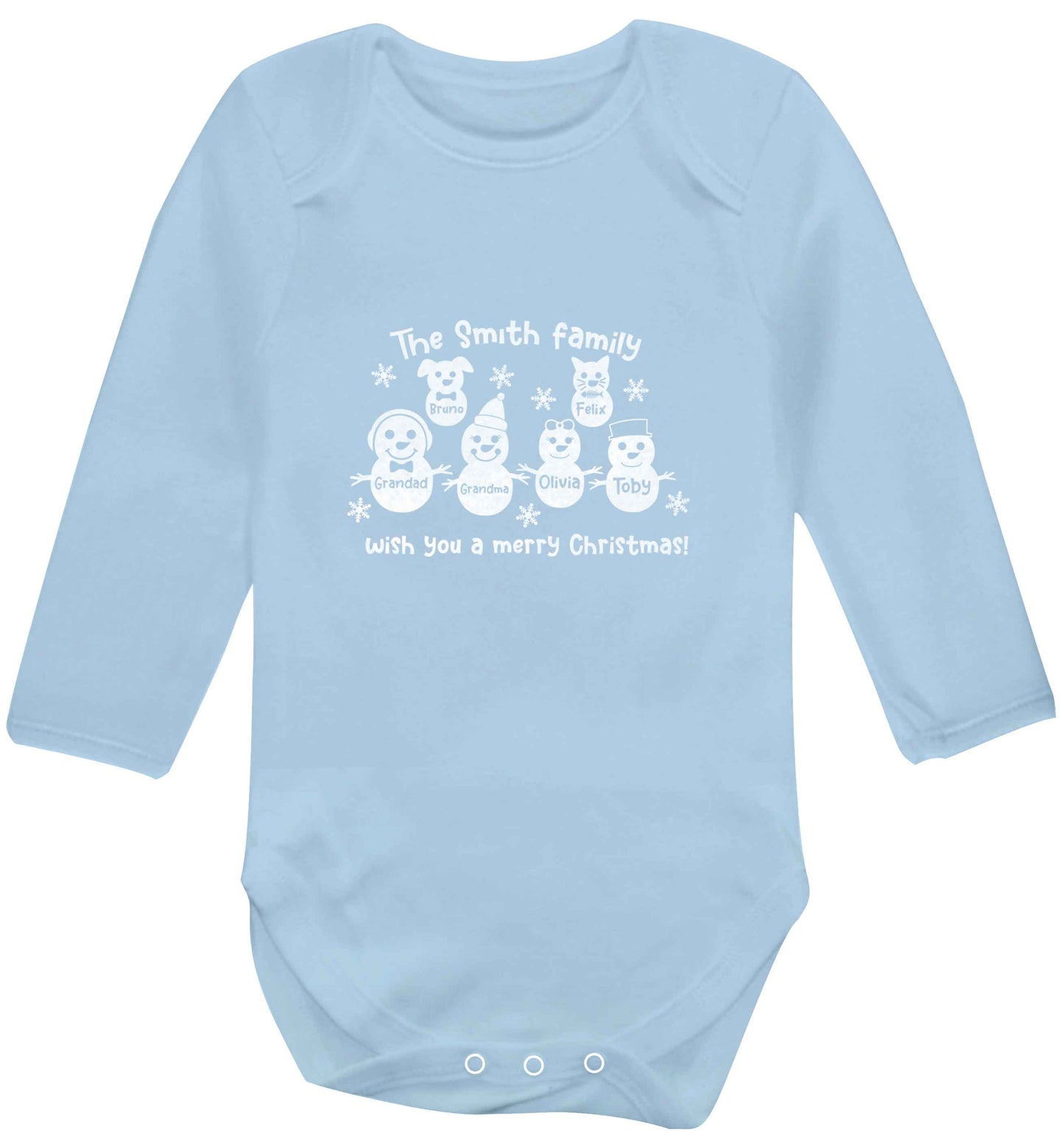 Personalised snowman family grandma grandad cat dog baby vest long sleeved pale blue 6-12 months