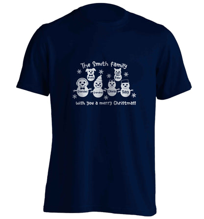 Personalised snowman family grandma grandad cat dog adults unisex navy Tshirt 2XL