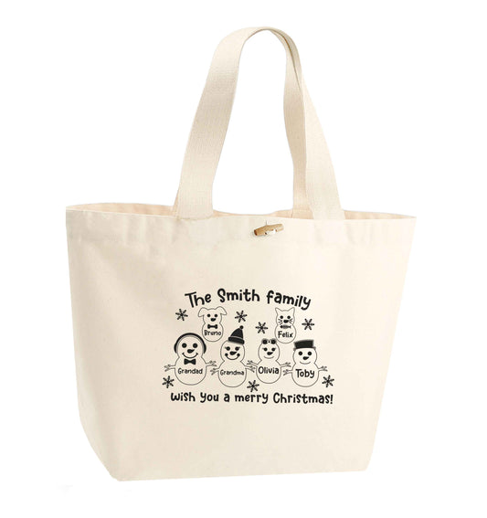 Personalised snowman family grandma grandad cat dog organic cotton premium tote bag with wooden toggle in natural