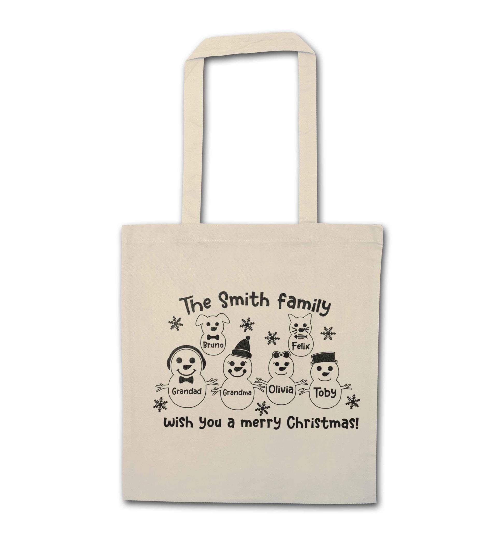 Personalised snowman family grandma grandad cat dog natural tote bag
