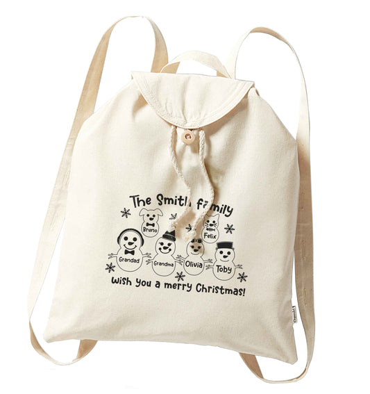 Personalised snowman family grandma grandad cat dog organic cotton backpack tote with wooden buttons in natural