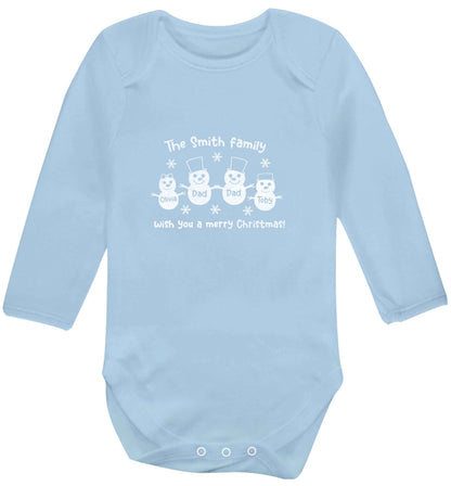 Personalised snowman family two dads baby vest long sleeved pale blue 6-12 months