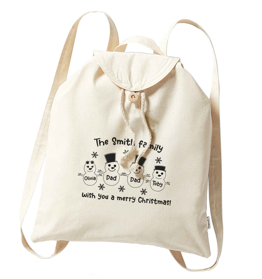 Personalised snowman family two dads organic cotton backpack tote with wooden buttons in natural