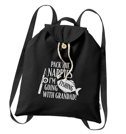 Pack the nappies I'm going fishing with Grandad organic cotton backpack tote with wooden buttons in black