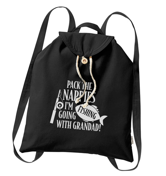Pack the nappies I'm going fishing with Grandad organic cotton backpack tote with wooden buttons in black