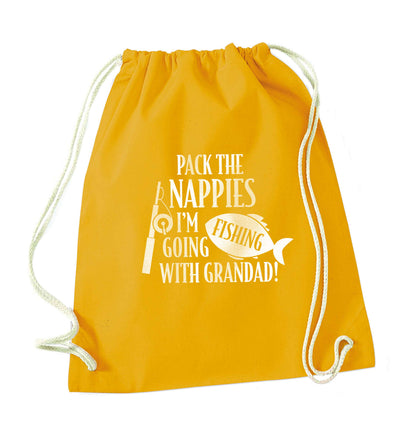 Pack the nappies I'm going fishing with Grandad mustard drawstring bag