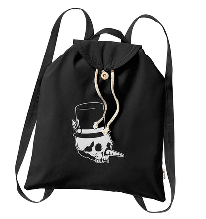 Snowman punk organic cotton backpack tote with wooden buttons in black