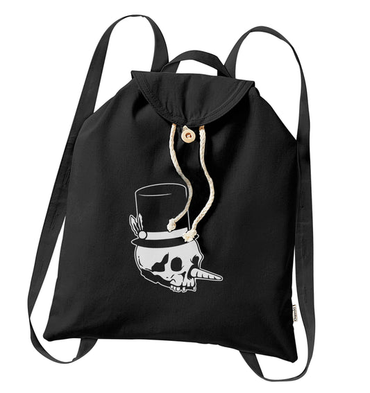 Snowman punk organic cotton backpack tote with wooden buttons in black