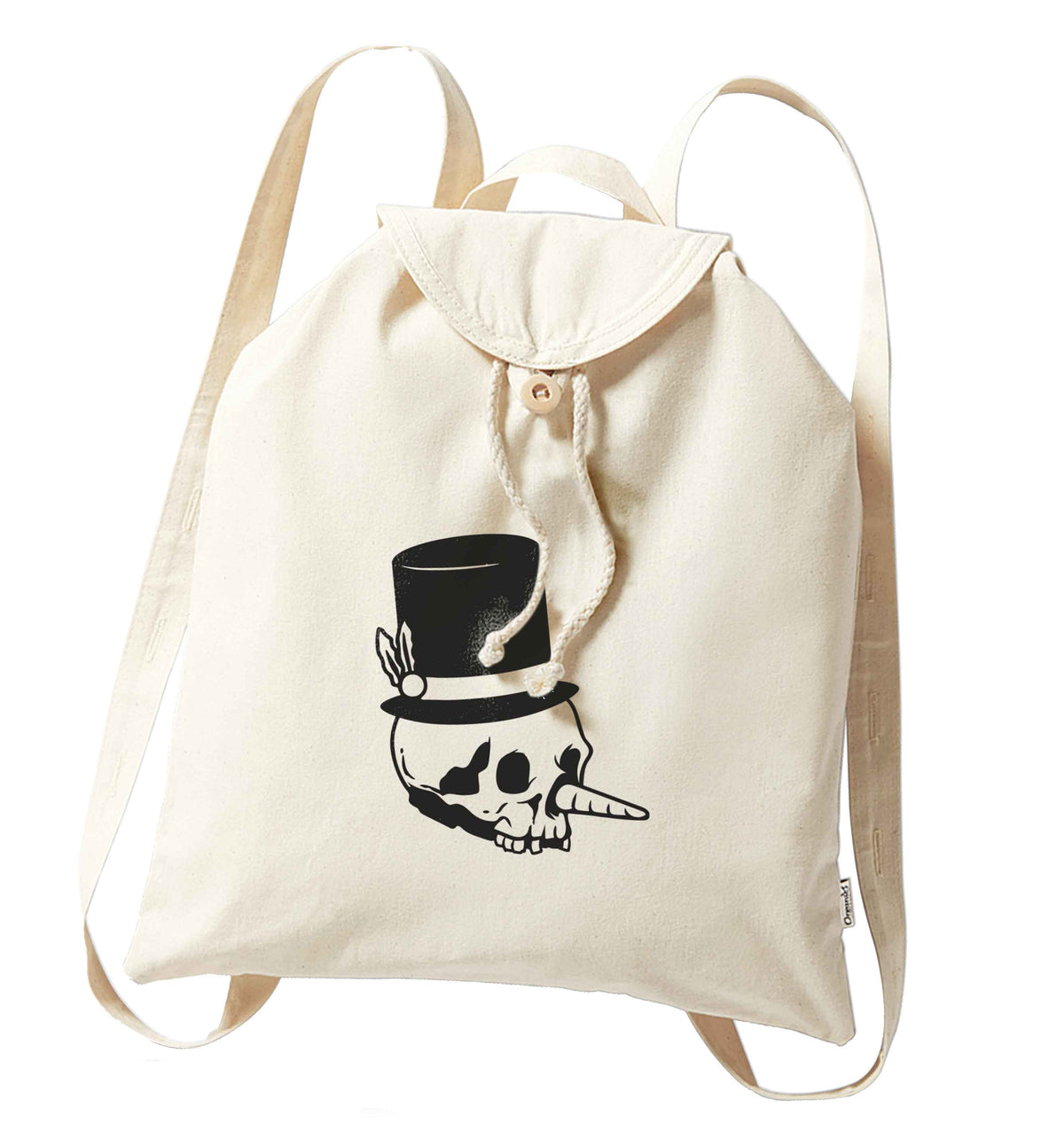 Snowman punk organic cotton backpack tote with wooden buttons in natural