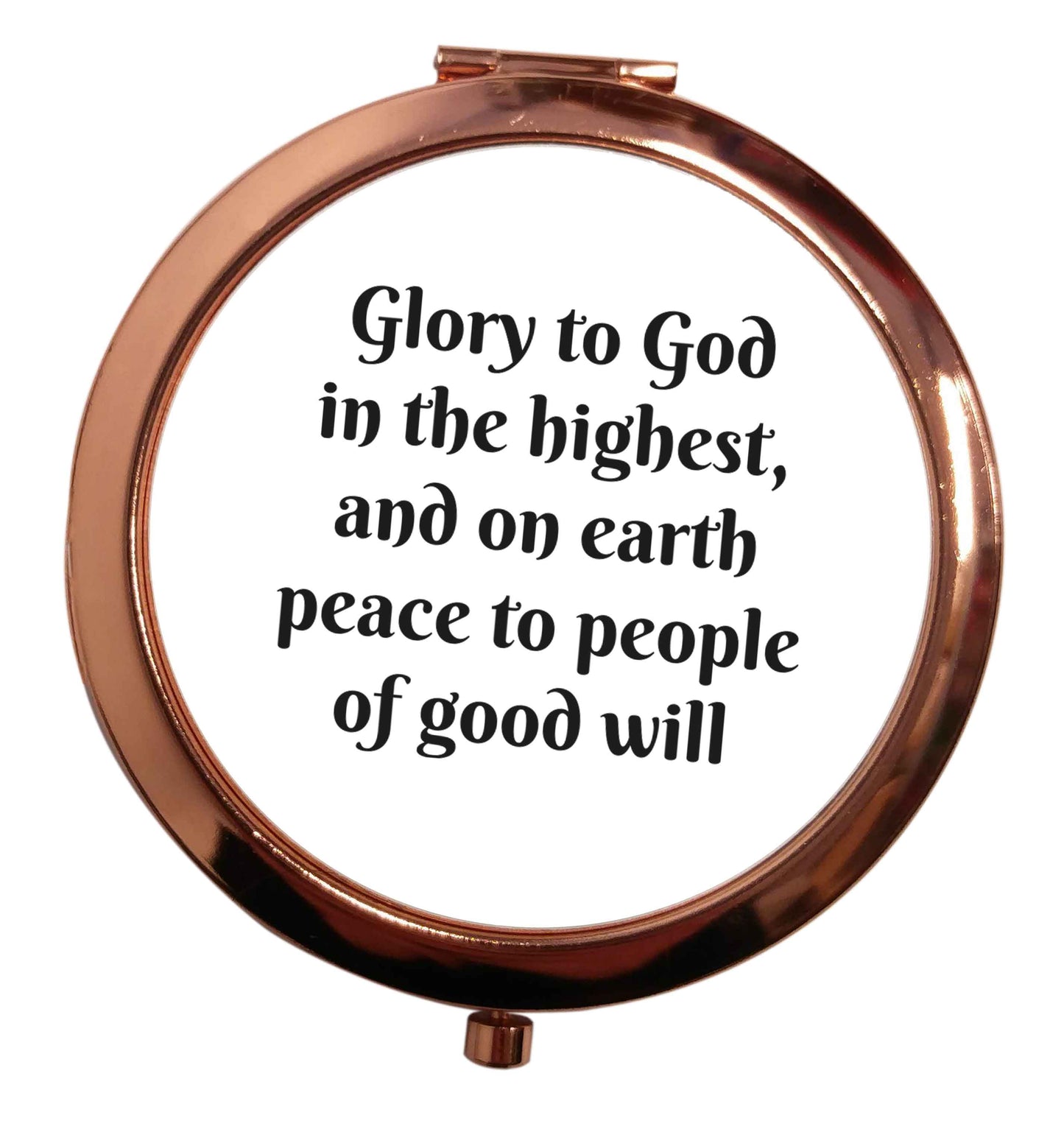 Glory to God in the highest, and on earth peace to people of good will rose gold circle pocket mirror