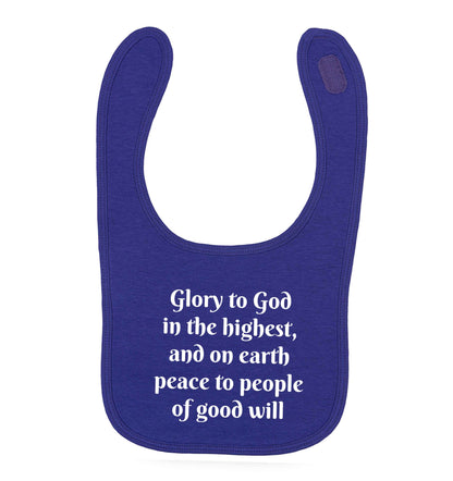 Glory to God in the highest, and on earth peace to people of good will purple baby bib