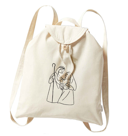 Jesus Mary and joseph organic cotton backpack tote with wooden buttons in natural