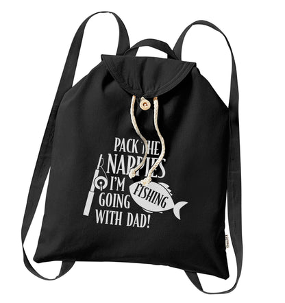 Pack the nappies I'm going fishing with Dad organic cotton backpack tote with wooden buttons in black