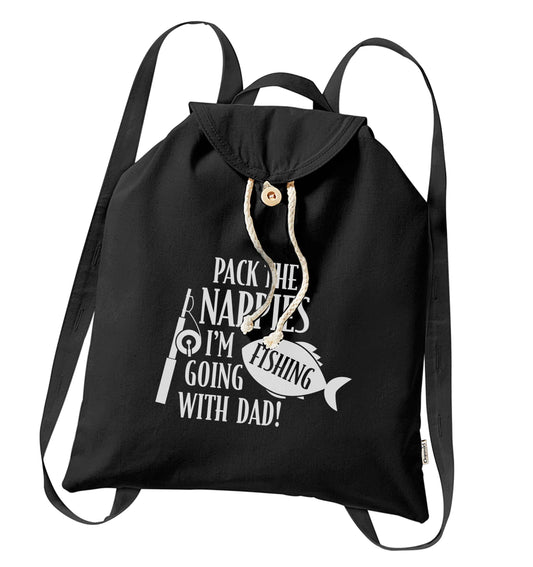 Pack the nappies I'm going fishing with Dad organic cotton backpack tote with wooden buttons in black