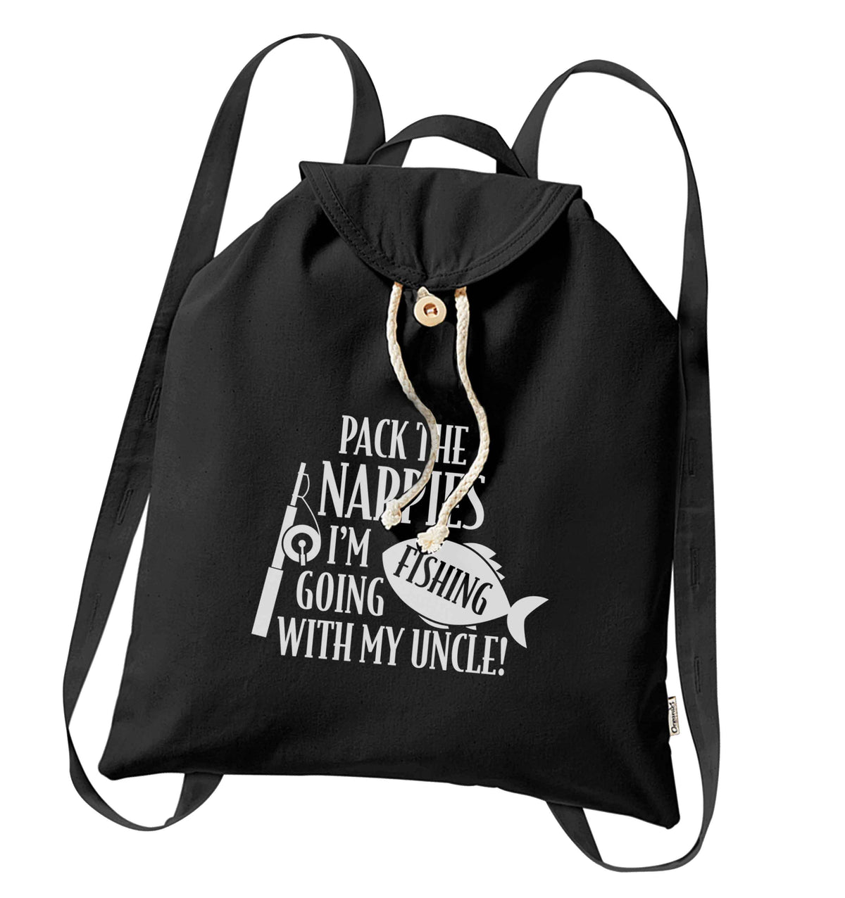 Pack the nappies I'm going fishing with my Uncle organic cotton backpack tote with wooden buttons in black