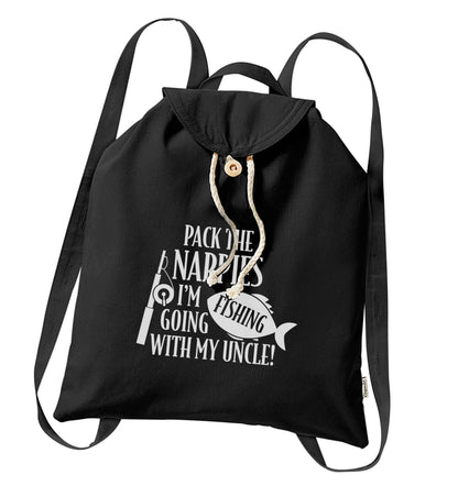 Pack the nappies I'm going fishing with my Uncle organic cotton backpack tote with wooden buttons in black