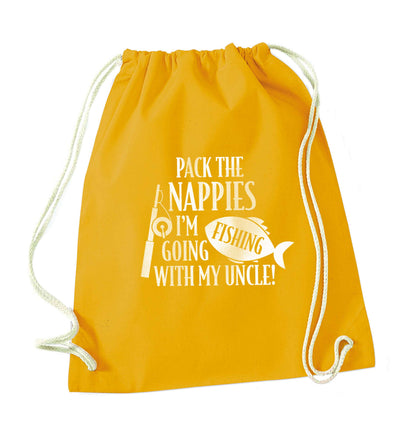 Pack the nappies I'm going fishing my Uncle mustard drawstring bag