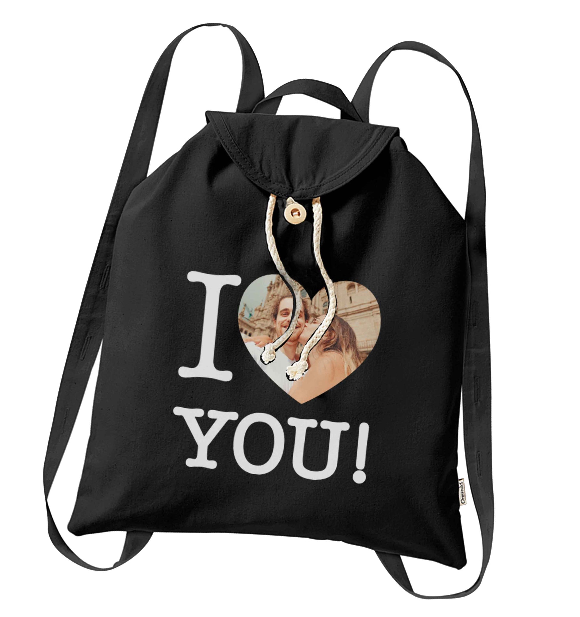 I love you organic cotton backpack tote with wooden buttons in black