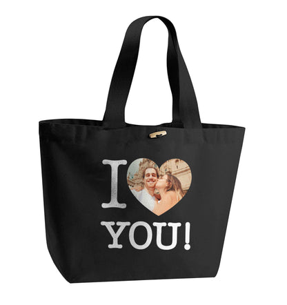 I love you organic cotton premium tote bag with wooden toggle in black