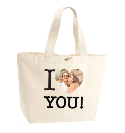 I love you organic cotton premium tote bag with wooden toggle in natural