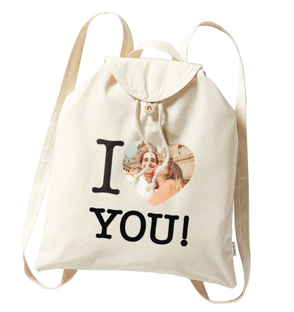 I love you organic cotton backpack tote with wooden buttons in natural